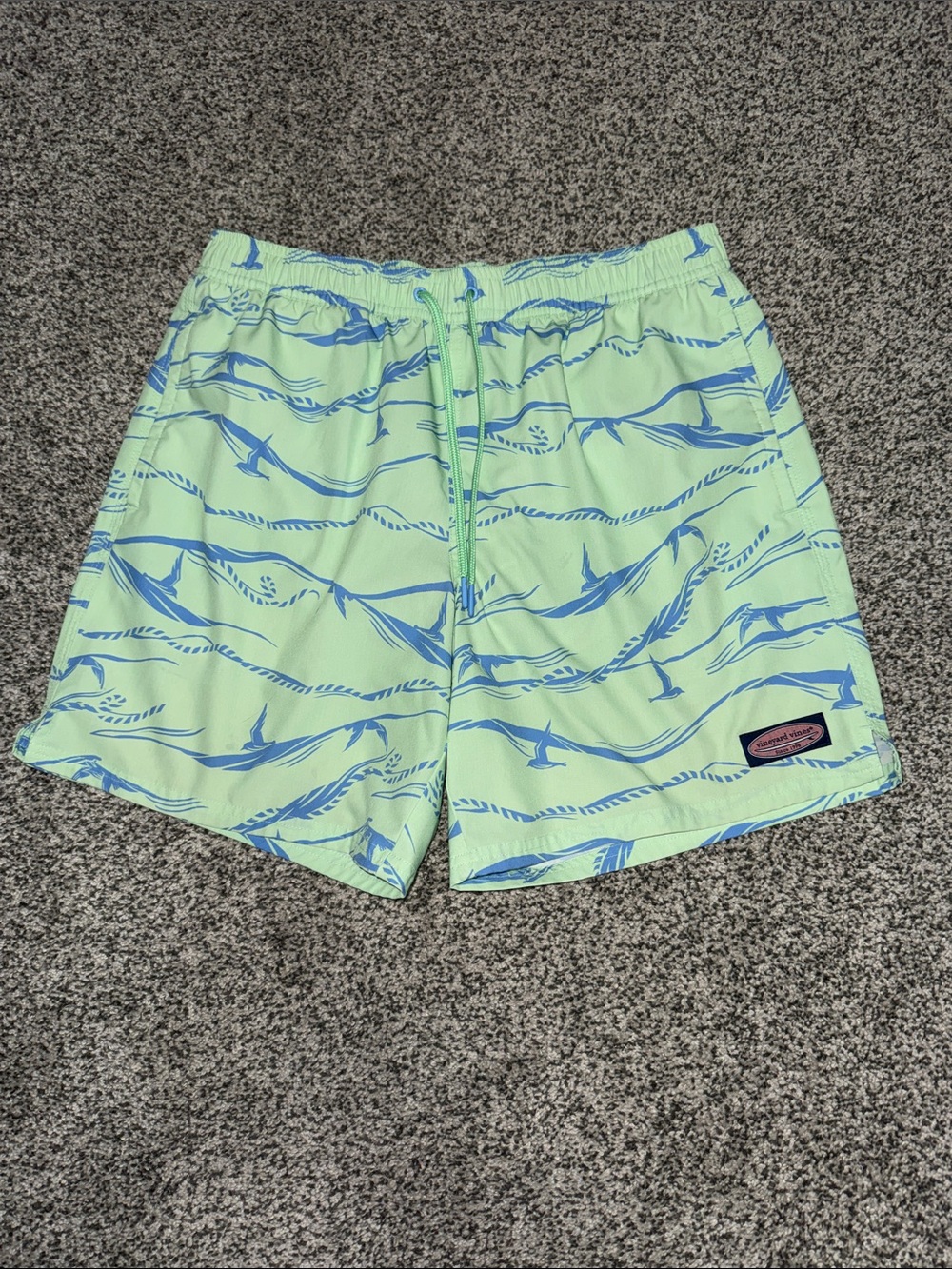 Vineyard Vines Light Green Swim Trunks with Blue Wave Print